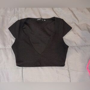 Motel Black Ribbed Crop Top XS Deep V Neck Short Sleeve